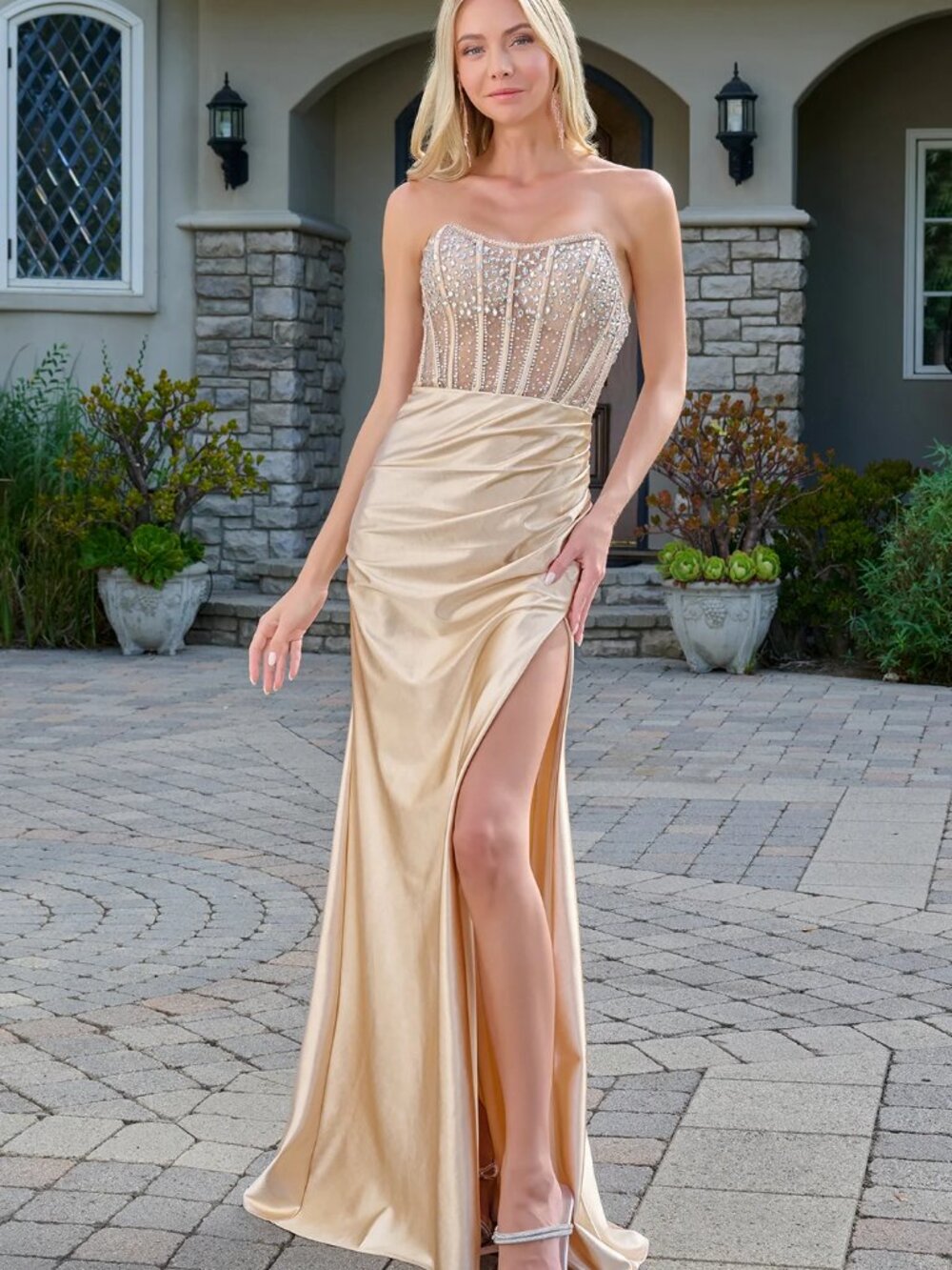 NEW CHAMPAGNE Satin & Mesh Strapless Evening Gown Floor Length With Slit GL3679
